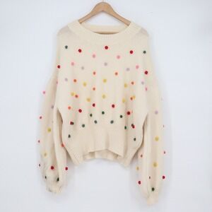 Davi & Dani Cream Pom-Pom Polka Dot Oversized Balloon Sleeve Sweater 3XL